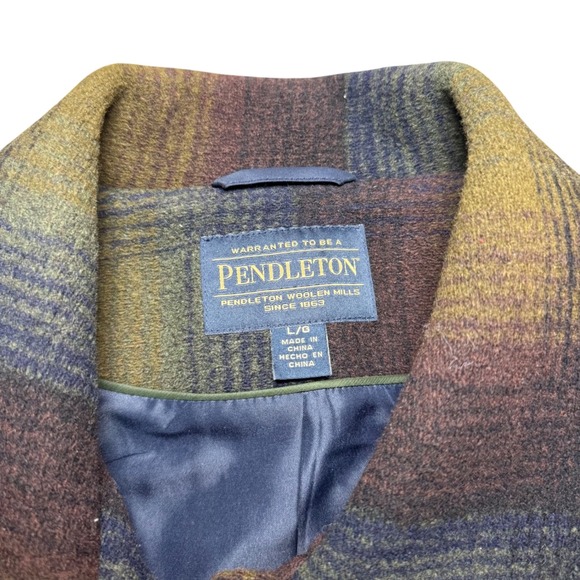 Pendleton Plaid Wool Blend Button Front Jacket Oversized L G Green Brown Navy - Picture 4 of 10